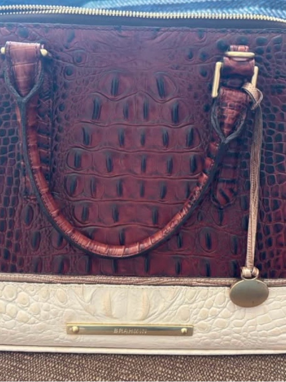 Brahmin Brown and Cream Croc-Embossed Leather Satchel with Gold Accents